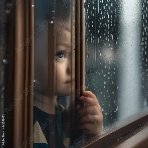 A child looking through a window at a rainy day  face pressed against the glass3