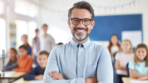 Portrait of confident Caucasian male teacher in a class at elementary school looking at camera with learning students on background.