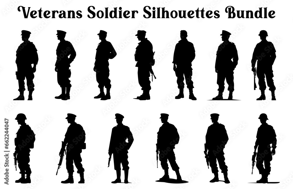 Veterans Army Silhouettes Vector in different positions, Soldier ...