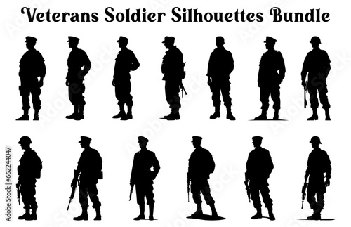 Veterans Army Silhouettes Vector in different positions, Soldier silhouettes collection for Veterans Day, Army soldier Profile silhouettes