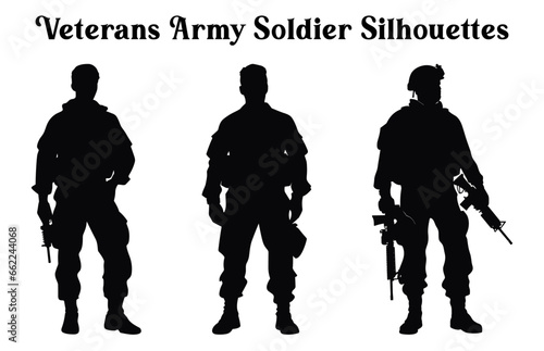 Veterans Army Silhouettes Vector in different positions, Soldier silhouettes collection for Veterans Day, Army soldier Profile silhouettes