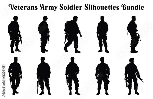Veterans Army Silhouettes Vector in different positions  Soldier silhouettes collection for Veterans Day  Army soldier Profile silhouettes