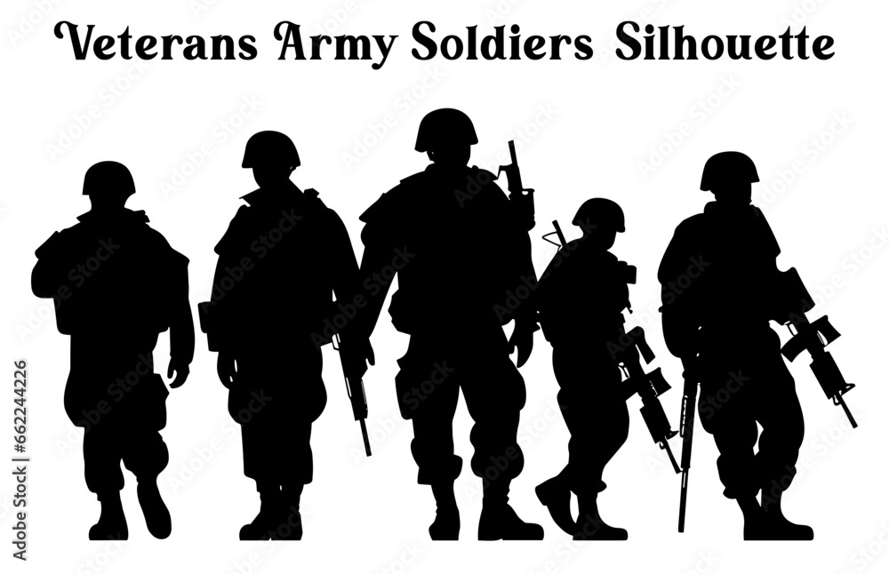 Set of Veterans Army soldiers Vector Silhouettes, Army Soldiers vector Clipart silhouette collection - obrazy, fototapety, plakaty 