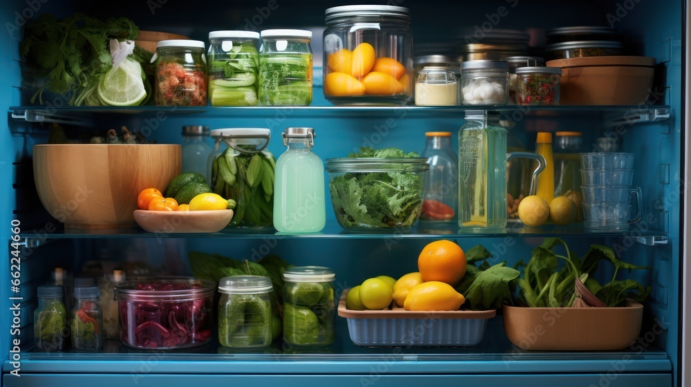 Horizontal view of refrigerator shelves, brimming with an array of fresh foods, showcasing organized storage