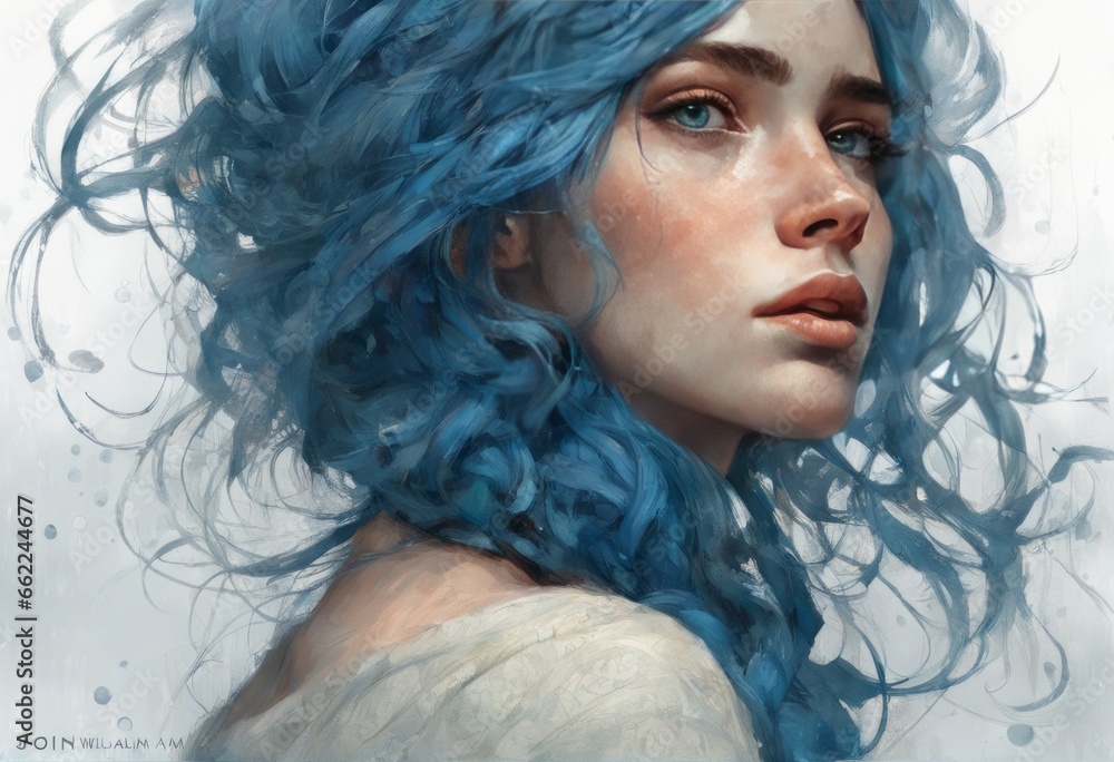 portrait of a girl with a long hair in a blue hat. portrait of a girl with a long hair in a blue hat. beautiful woman in blue hair