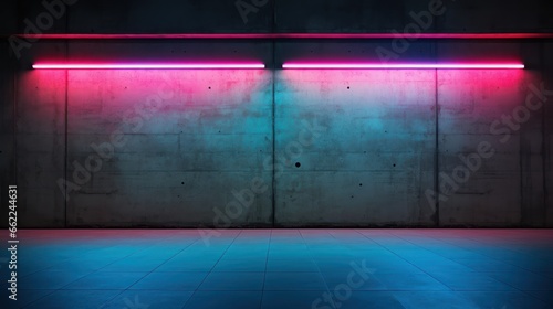 Vivid neon lights create a captivating contrast against a raw concrete background