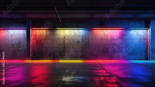 Vivid neon lights create a captivating contrast against a raw concrete background