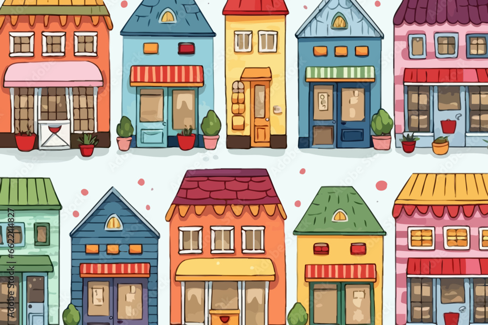 Country store fronts quirky doodle pattern, wallpaper, background, cartoon, vector, whimsical Illustration