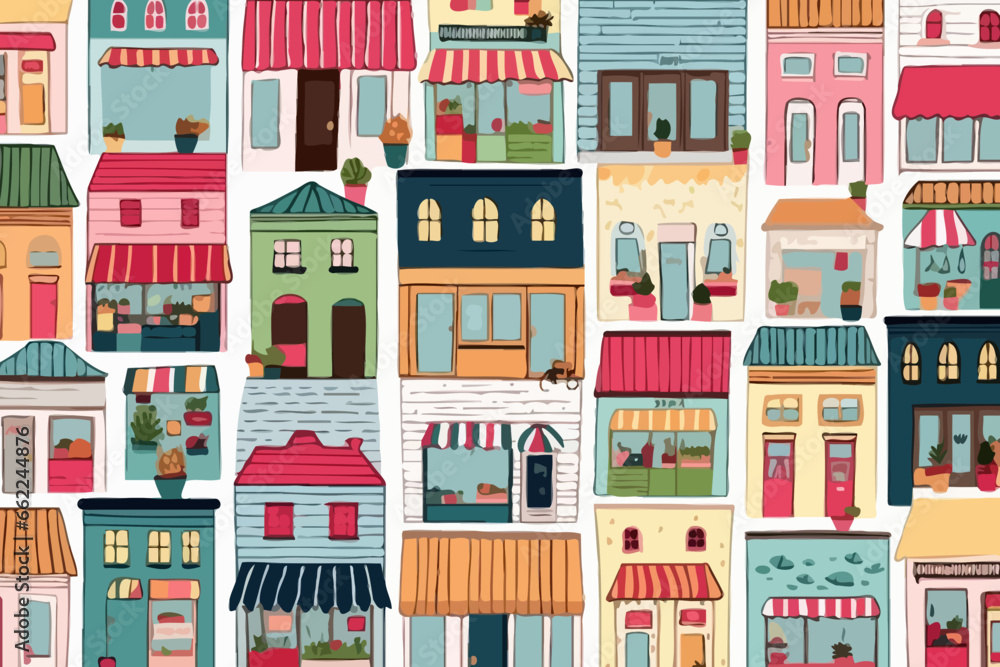 Country store fronts quirky doodle pattern, wallpaper, background, cartoon, vector, whimsical Illustration