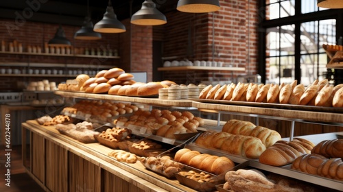Close-up View Of Bakery Counter With Freshly Baked Food And Buns. Bakery Shop Interior. Generative AI