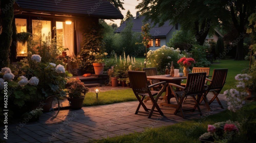 tranquil summer evening on a patio, with a picturesque suburban house and lush garden in the backdrop