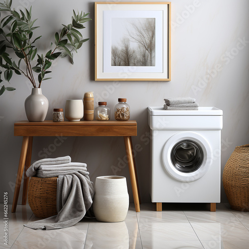 washing machine in a beautifully decorated and tidy laundry room