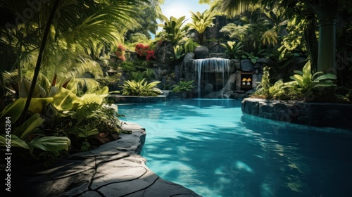Luxurious swimming pool sits surrounded by a lush garden, offering a private paradise © Putra