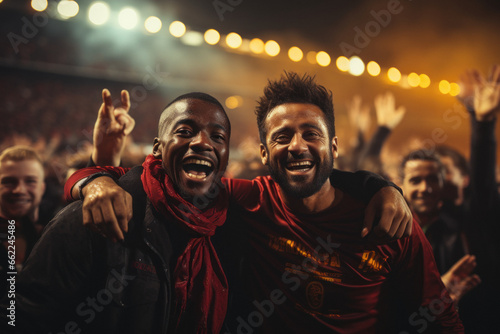 Two men soccer fans against the background of crowd sitting in stadium