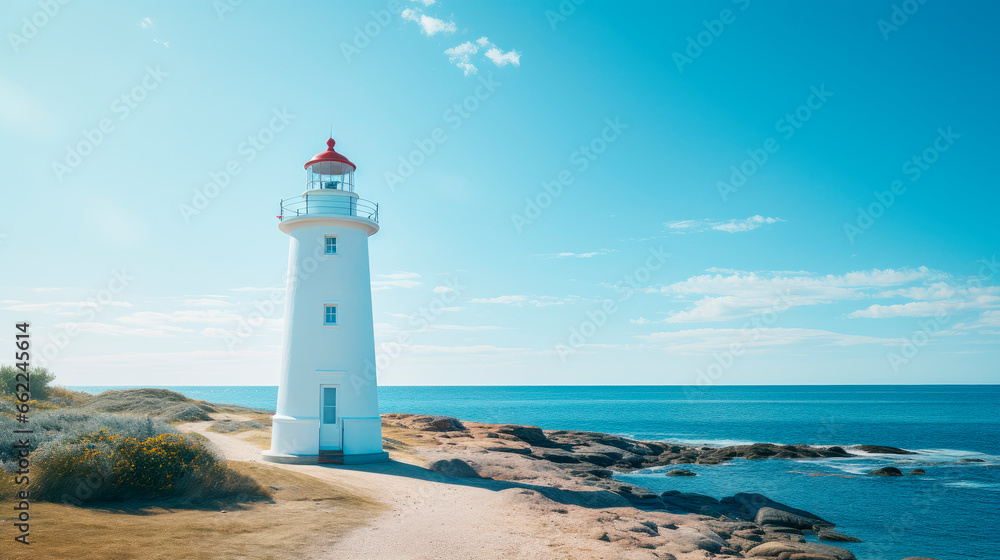 White lighthouse tower located on sea coast against cloudless blue sky in sunny summer day