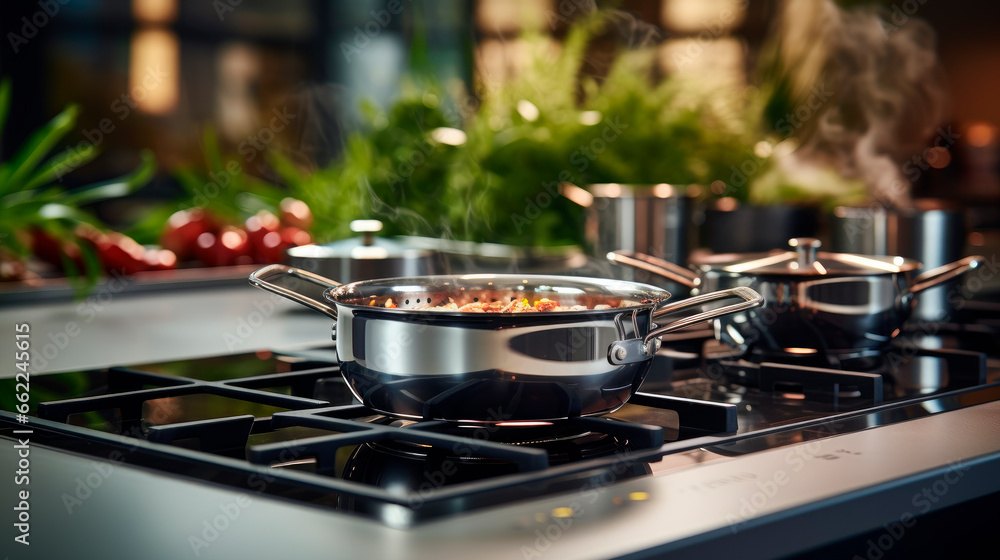 The new chrome pot on the cooking plate in the modern kitchen interior The new chrome pot on the cooking plate in the modern kitchen interior