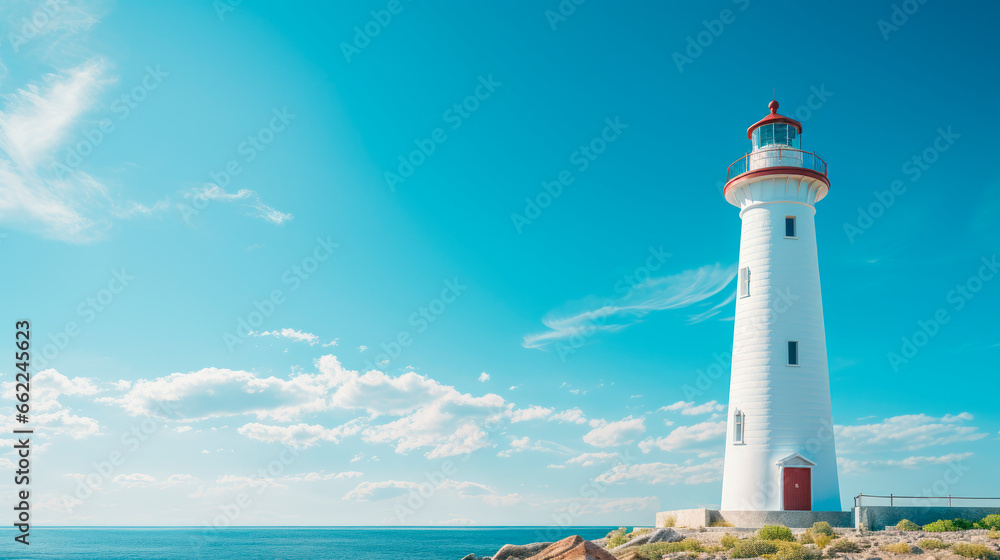 White lighthouse on sunny day with blue sky White lighthouse on sunny day with blue sky