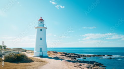 White lighthouse tower located on sea coast against cloudless blue sky in sunny summer day