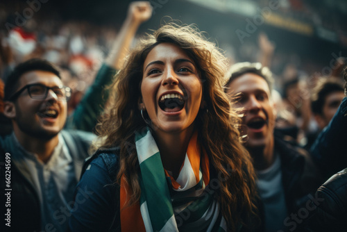 Close-up of caucasian woman soccer fan m during game of her favorite team