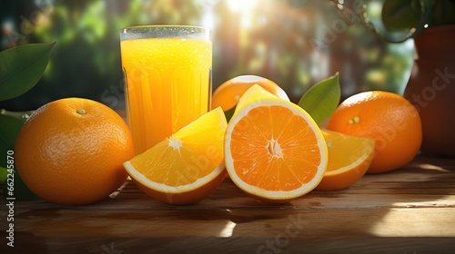 Glass of fresh orange juice sits beside ripe oranges on a wooden table