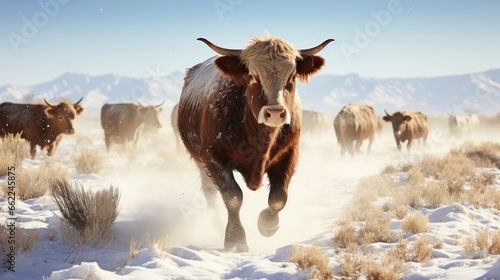Cows and desert. Moving the herd to the winter feed lots. Frosty crystallized flakes of snow blowing around in the air. Generative AI photo