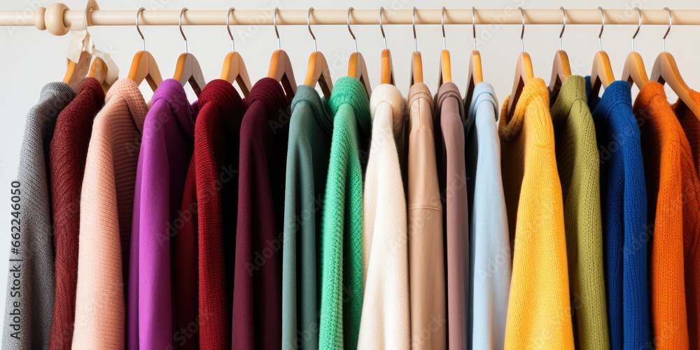 Colorful clothes hanging in row. Many clothes for autumn or fall or winter season. Сlothespin