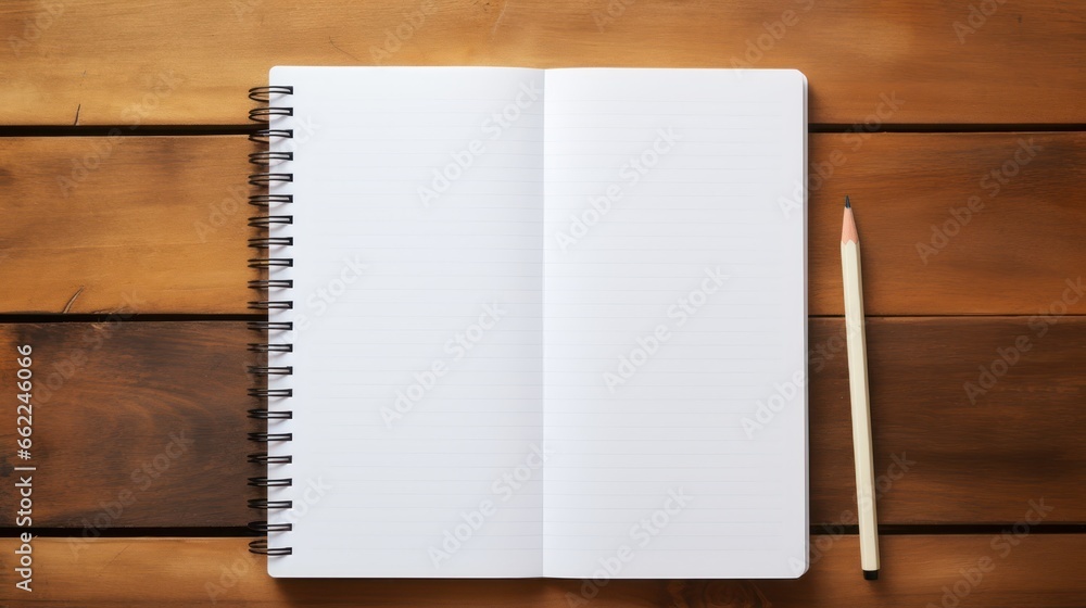 Blank white notebook and pencil rest on an aged wooden table Blank white notebook and pencil rest on an aged wooden table