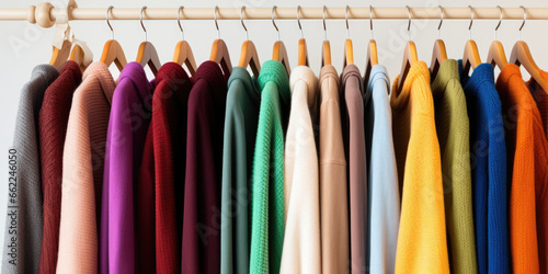 Colorful clothes hanging in row. Many clothes for autumn or fall or winter season. Сlothespin