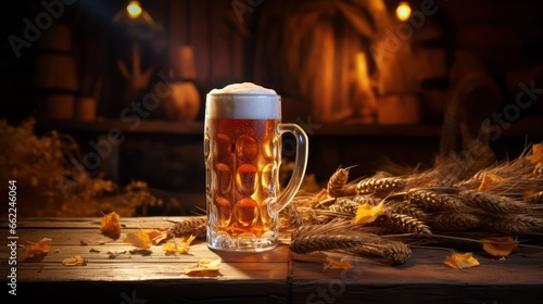 Mug of frothy beer  accompanied by wheat ears  hops  and a beer barrel  celebrates the brewing tradition on a wooden backdrop