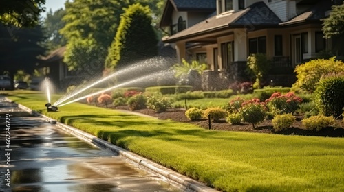 Sprinklers Bringing Life to a Sun-Dappled Residential Street. Generative AI