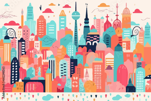 Shanghai skyline quirky doodle pattern  wallpaper  background  cartoon  vector  whimsical Illustration