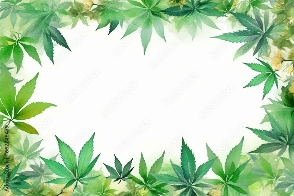 White square frame with cannabis leaves. Watercolor illustration. Generative AI White square frame with cannabis leaves. Watercolor illustration. Generative AI
