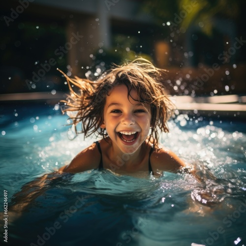 Happy summer. Child playing in water at swimming pool with family.
