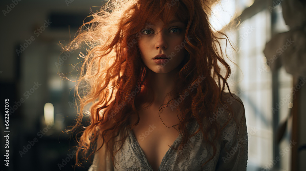 Portrait of red hair woman. Young girl with long cherry hair. Closeup of happy confident young woman with long wavy red hair and freckles wears dress and looks directly in camera - obrazy, fototapety, plakaty 