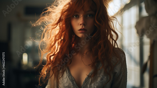 Portrait of red hair woman. Young girl with long cherry hair. Closeup of happy confident young woman with long wavy red hair and freckles wears dress and looks directly in camera © Viktorikus