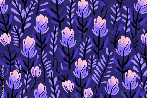 Close-up of lavender flowers quirky doodle pattern, wallpaper, background, cartoon, vector, whimsical Illustration