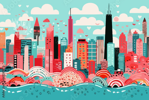 Chicago skyline quirky doodle pattern, wallpaper, background, cartoon, vector, whimsical Illustration
