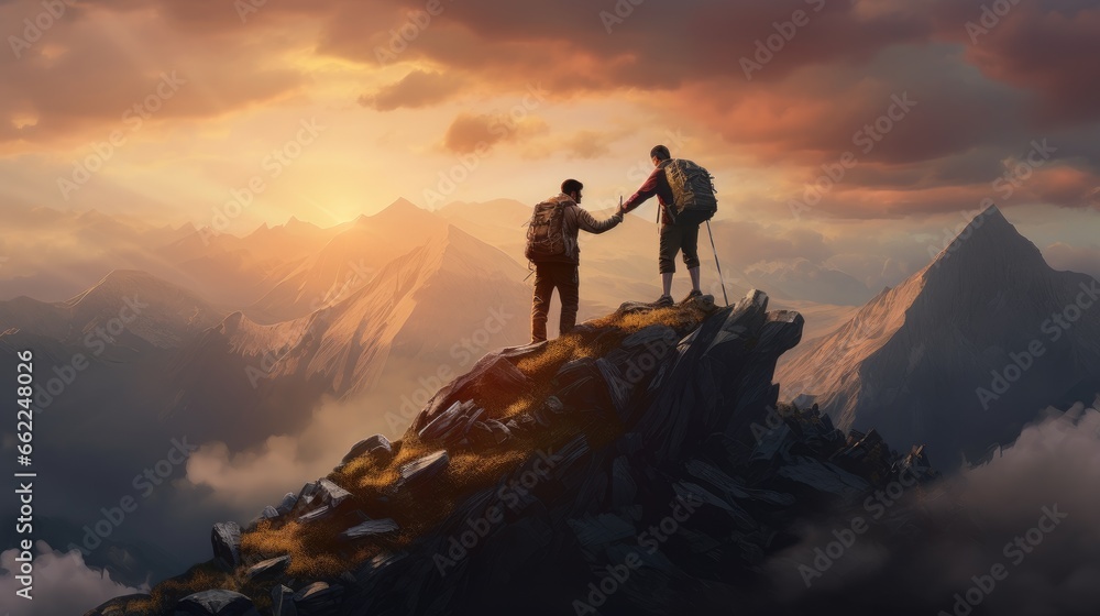 Person is helping another person climb to the top Person is helping another person climb to the top