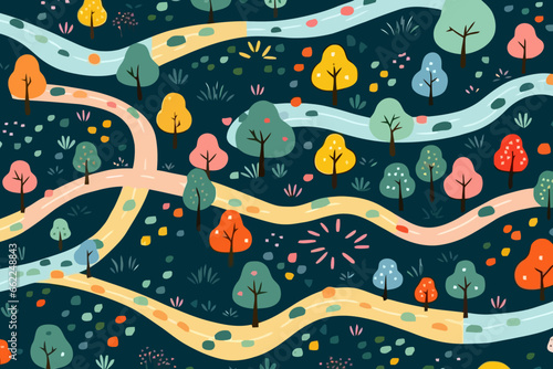 Backcountry roads and pathways quirky doodle pattern, wallpaper, background, cartoon, vector, whimsical Illustration photo