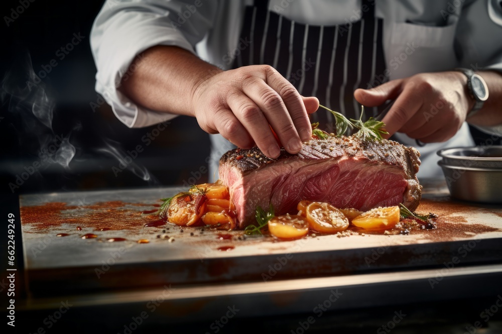Close up view of the precision of a chef skillfully carving a roasted meat dish, showcasing the expertise and dedication to culinary excellence.