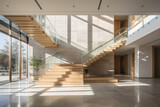 Interior view of the spacious, bright  entrance hall or lobby featuring a floating staircase and natural light streaming in, the harmonious blend of aesthetics and function.