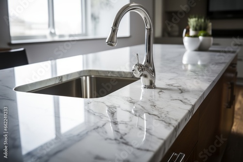 Close-up of a clean marble countertop in kitchens with gleaming stainless steel tap, celebrating the exquisite details of contemporary design. shallow depth of field, selective focus