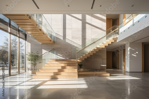 Interior view of the spacious, bright  entrance hall or lobby featuring a floating staircase and natural light streaming in, the harmonious blend of aesthetics and function. photo