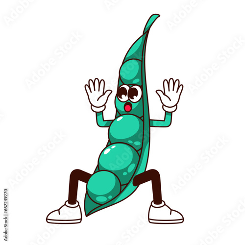 Groovy green pea pod character vector illustration. Cartoon isolated cute retro food sticker, garden sweet bean with surprise expression on funny face, psychedelic pea emoji with arms and legs