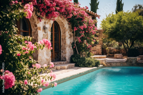 Exterior of a Mediterranean house with inviting pool framed by colorful flowers, the harmony of architecture and landscaping. © Mikhail