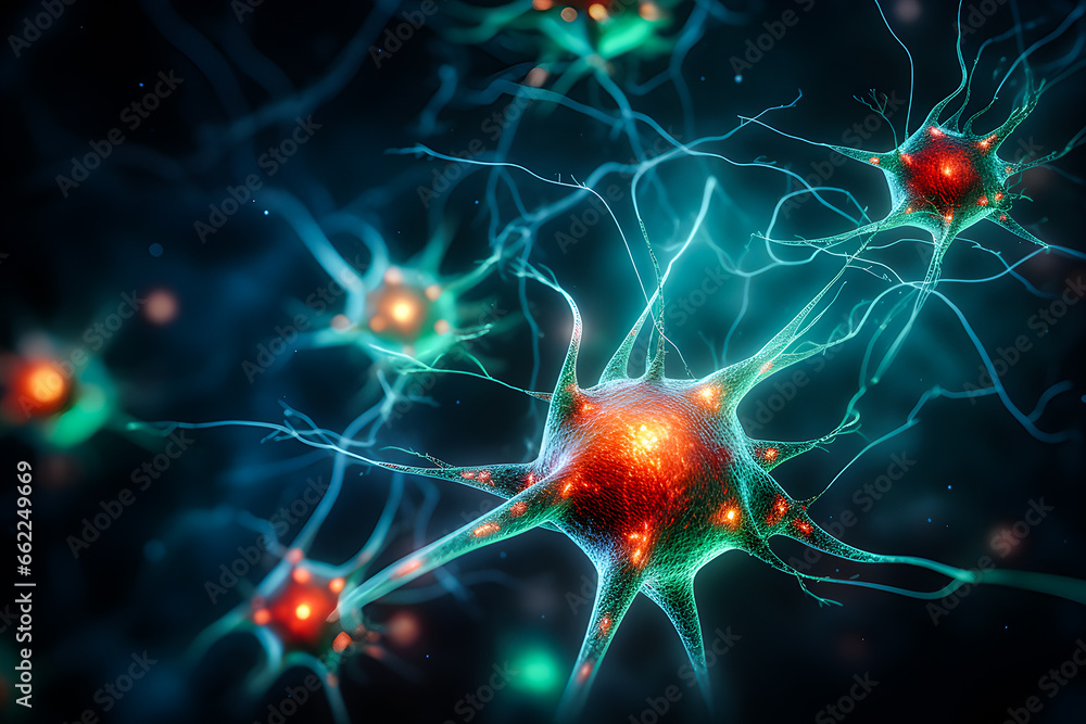 Neurons and microglia, Quantum entanglement, scientific concept 3d illustration , generate AI - obrazy, fototapety, plakaty 