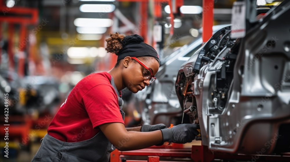 Young woman is working in an automobile factory Young woman is working in an automobile factory