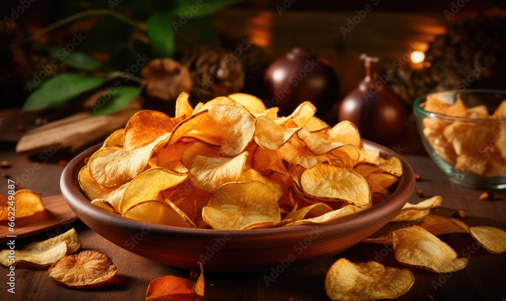 Golden potato chips in a wooden bowl. Golden potato chips in a wooden bowl.