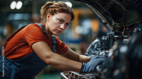 Young woman is working in an automobile factory