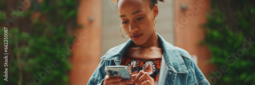 Close-up African girl wearing denim jacket, goes on the street of modern city and holding smartphone looking at phone screen look for address with electronic map in city